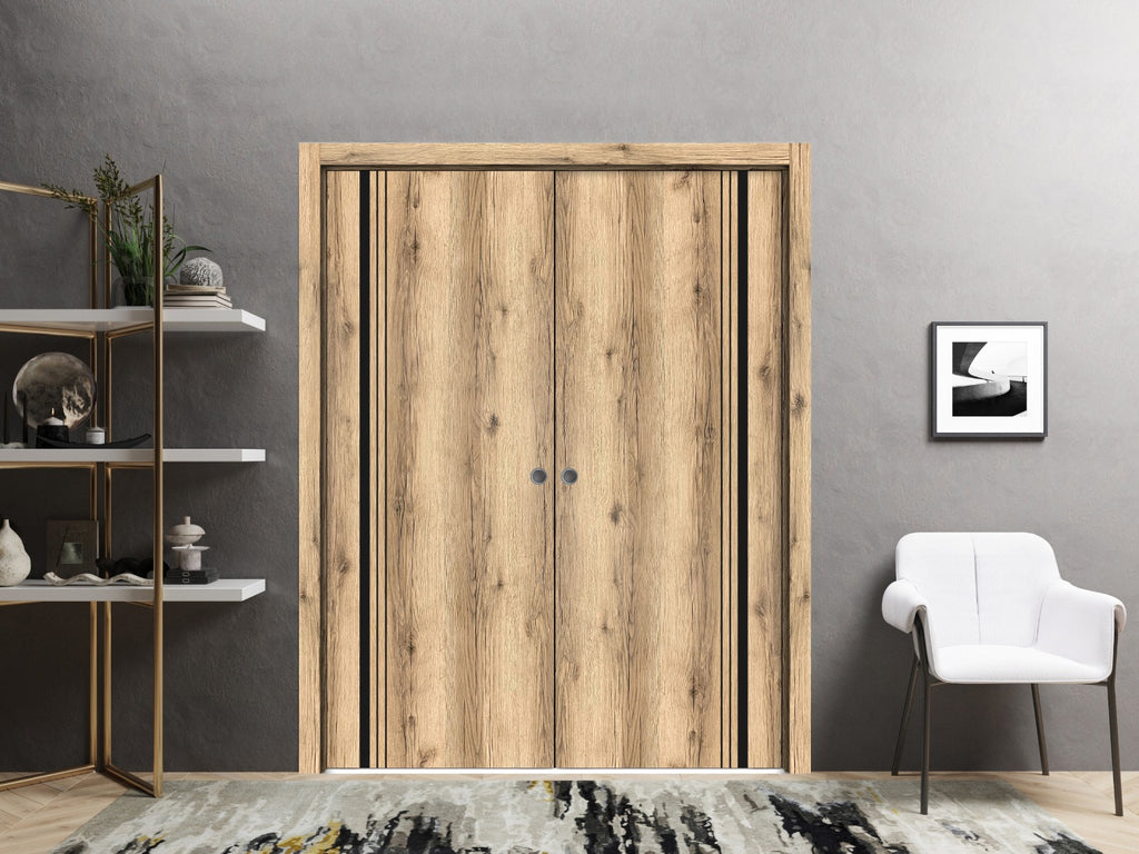 Oak Sliding French Double Pocket Doors with Frosted Glass X777