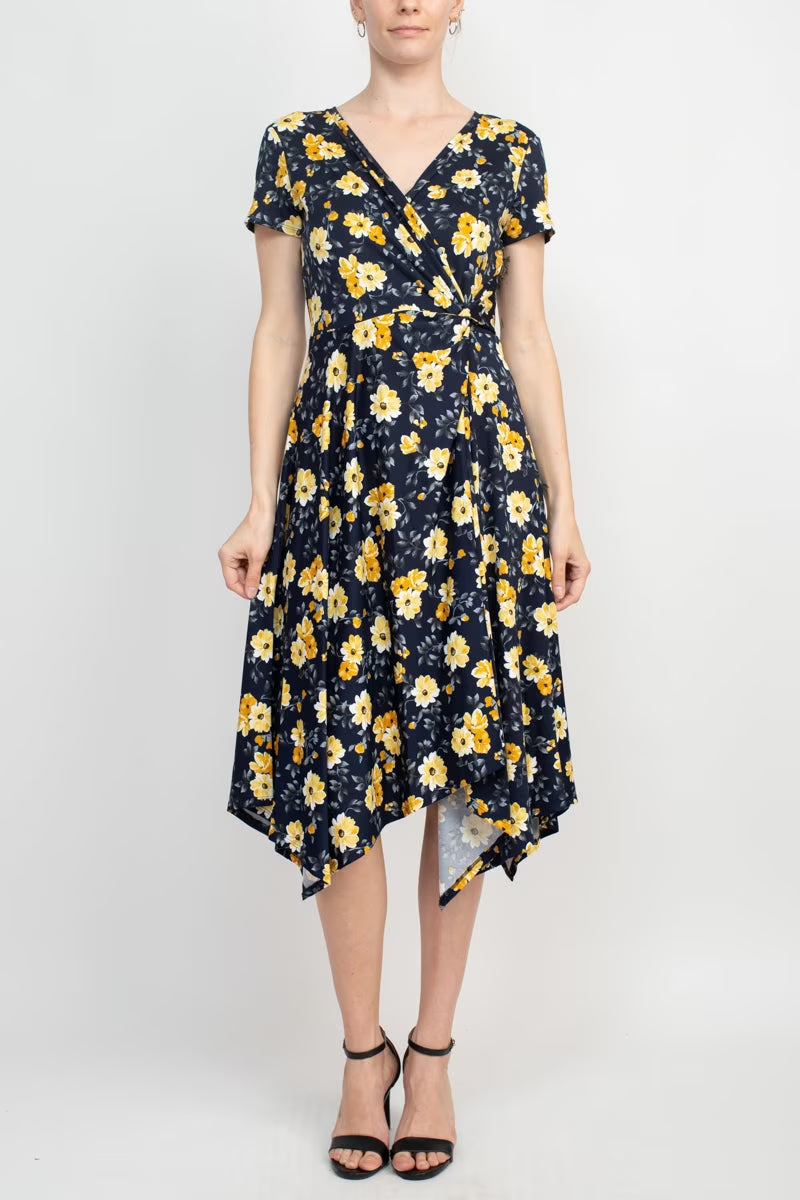 V-Neck Short Sleeve Floral Print ITY Dress E394