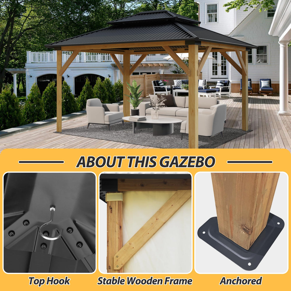 11' x 13' Hardtop Galvanized Steel Wood Gazebo Y27573