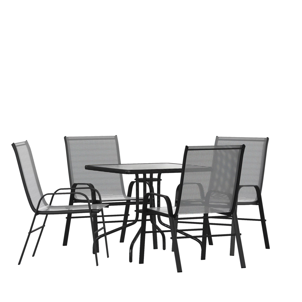 5 Piece Outdoor Patio Dining Set with Tempered Glass Table and 4 Gray Stack Chairs N83801