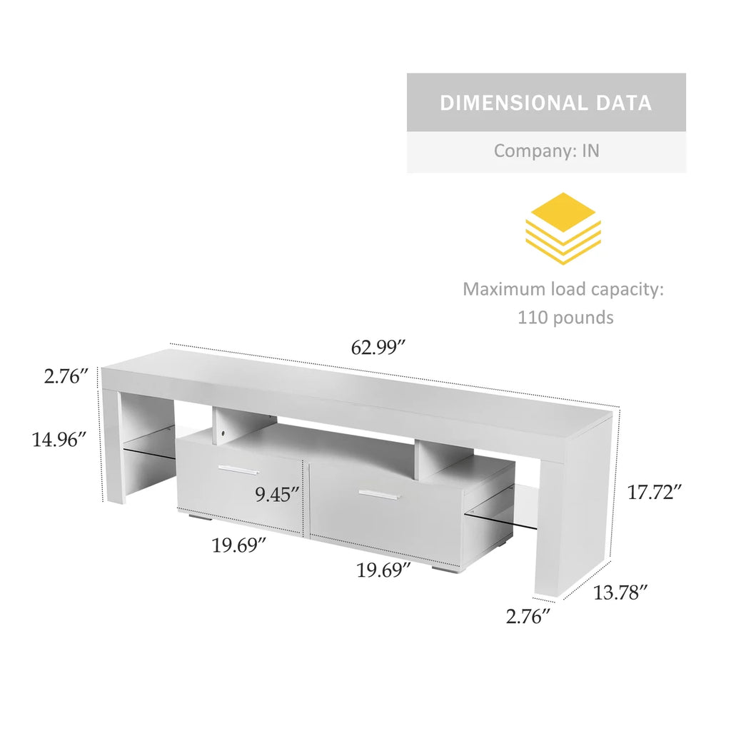 White Solid Wood TV Stand with LED Lights and Storage Drawer R5612