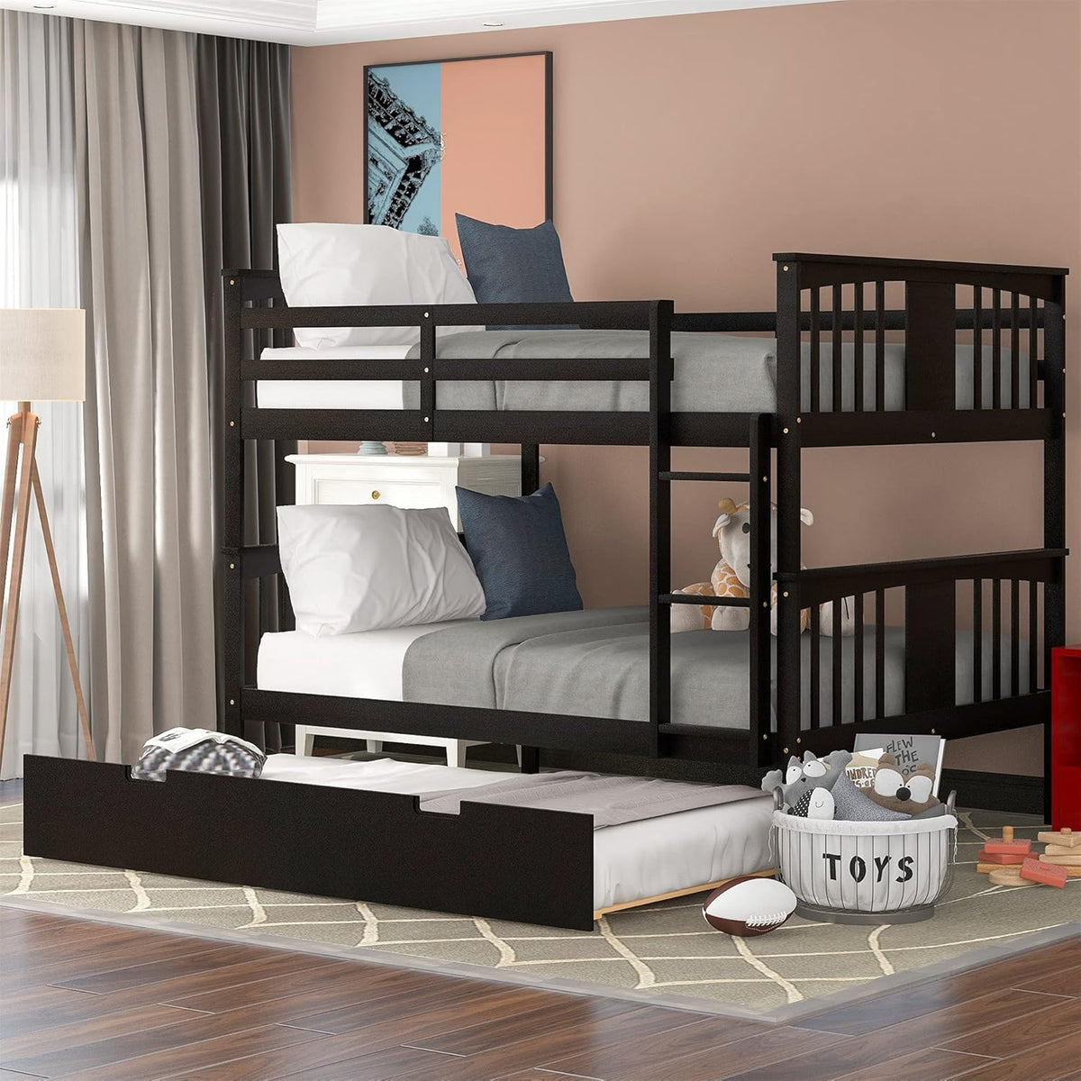 Gray Solid Wood Twin Loft Bed with Slide and Storage W877647