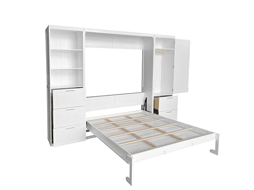 Queen White Wooden Murphy Bed with Built-in Closets, Drawers, and Shelving E1107