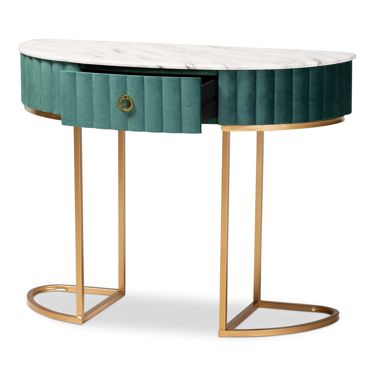 Green Velvet 1-Drawer Console Table with Faux Marble Tabletop D586374
