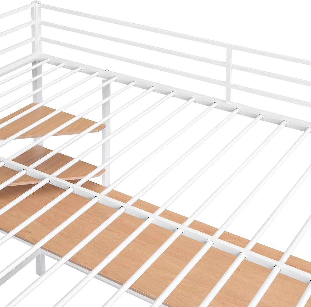 Full Size White Metal Loft Bed with Long Desk and Shelves X399353