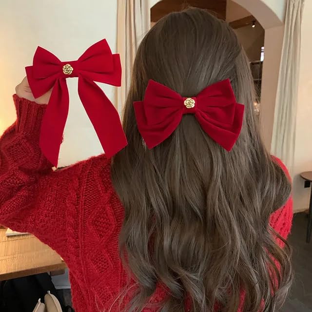 Velvet Hair Bow Clip with Metal Rose Accent, Pack of 2, Red Y2065