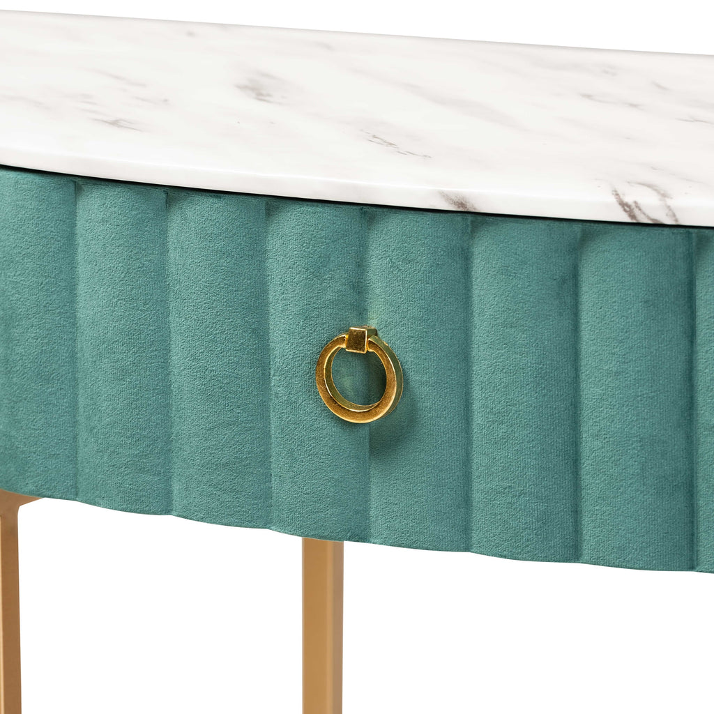 Green Velvet 1-Drawer Console Table with Faux Marble Tabletop D586374