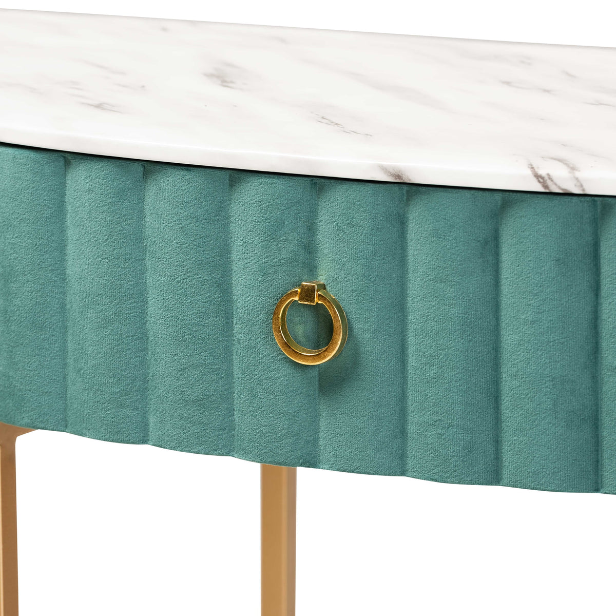 Green Velvet 1-Drawer Console Table with Faux Marble Tabletop D586374