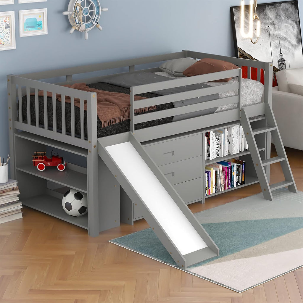 Gray Solid Wood Twin Loft Bed with Slide and Storage W877647
