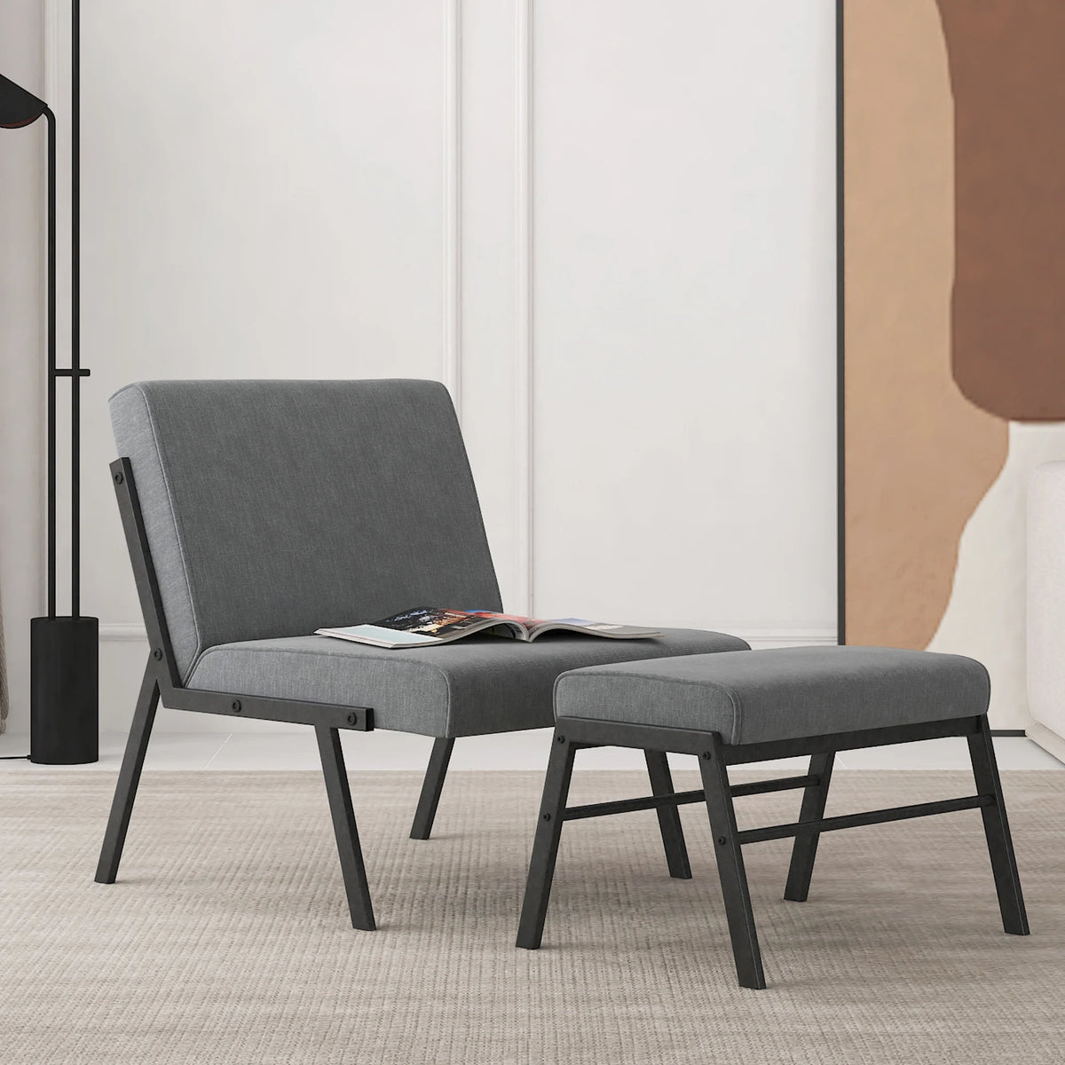 Modern Upholstered Accent Chair with Ottoman Linen Chair E3231