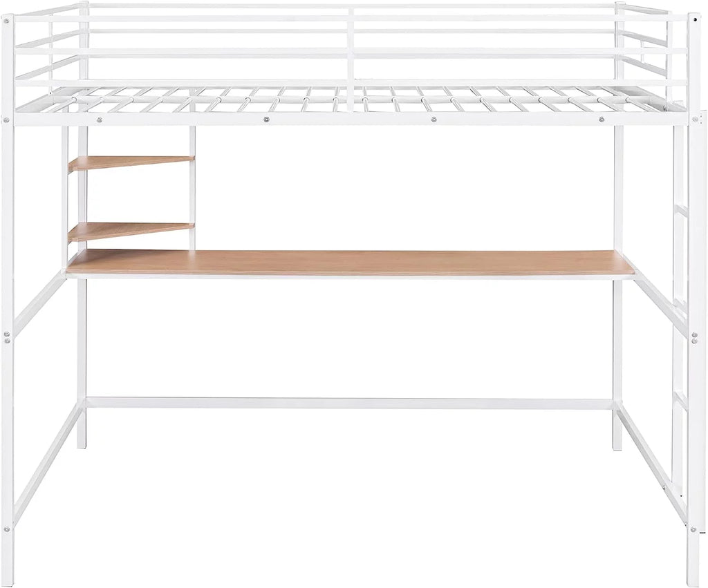Full Size White Metal Loft Bed with Long Desk and Shelves X399353