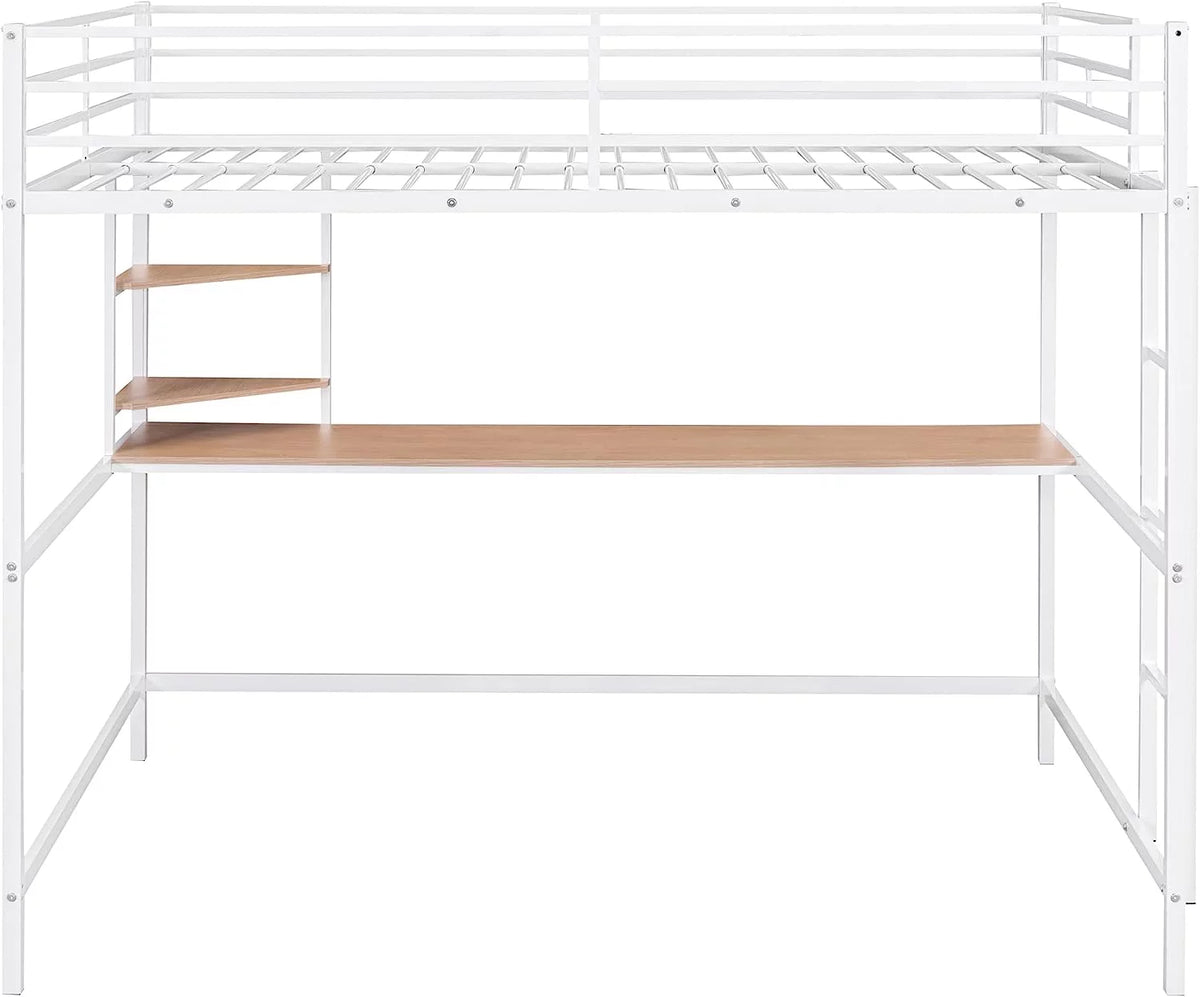 Full Size White Metal Loft Bed with Long Desk and Shelves X399353