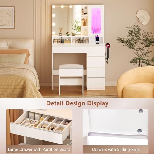 White Vanity Desk with Mirror and Lights, Stool, 5 Drawers and Open Shelves B459192