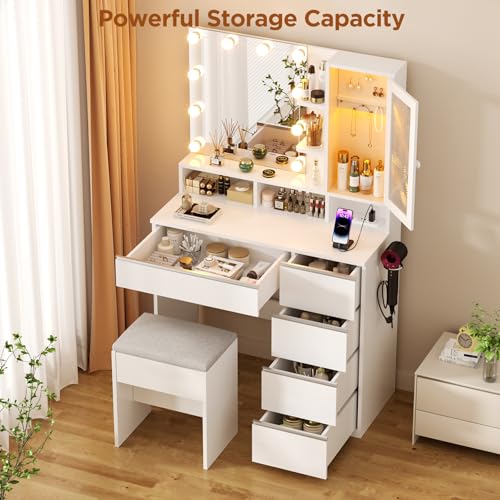 White Vanity Desk with Mirror and Lights, Stool, 5 Drawers and Open Shelves B459192