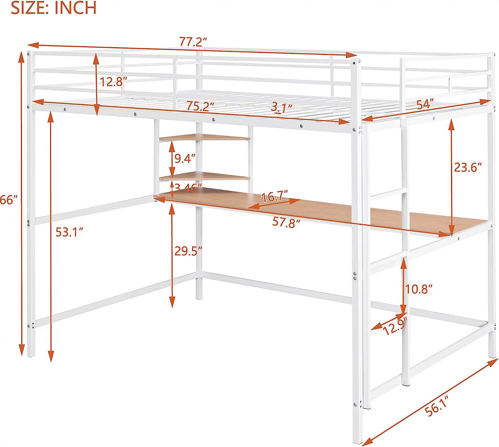 Full Size White Metal Loft Bed with Long Desk and Shelves X399353