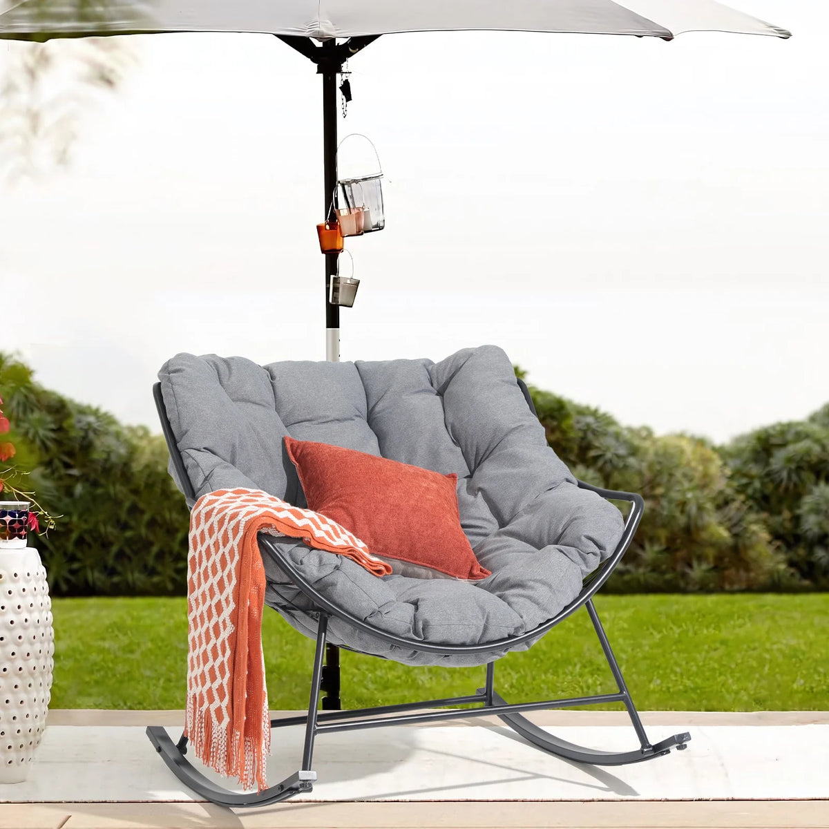 Grey Oversized Cushion Outdoor Rocking Chair R92476