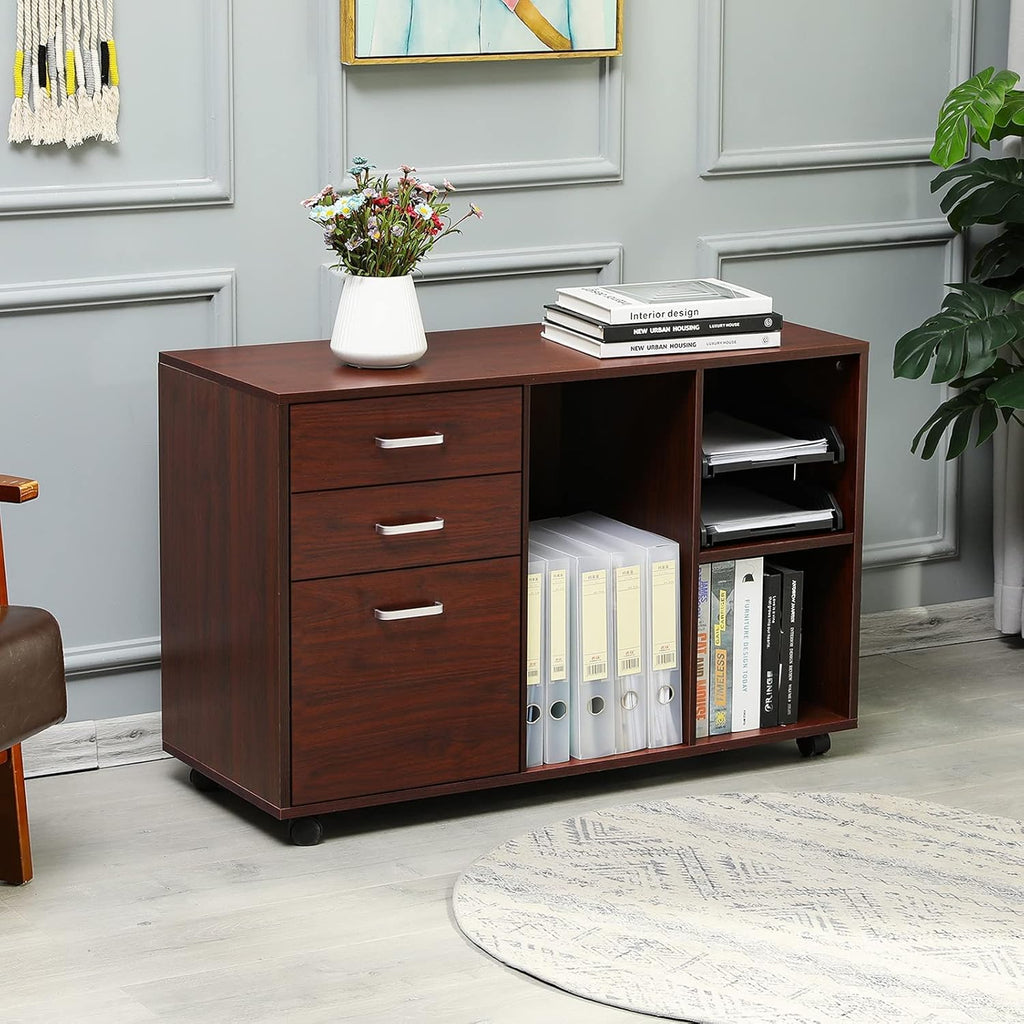 Cherry-red 3 Drawer Wood File Cabinet with Open Storage Shelves on Wheels W3468