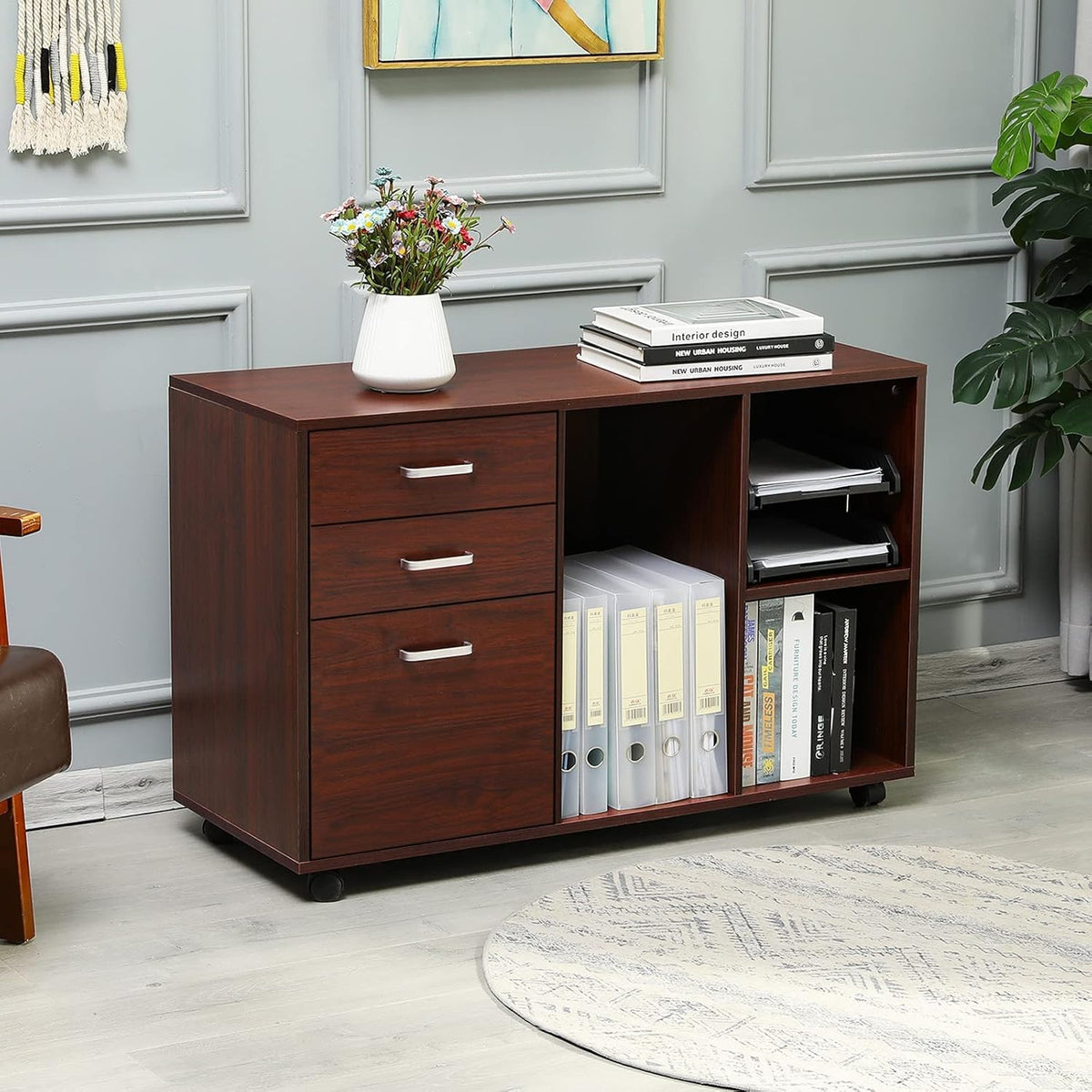 Cherry-red 3 Drawer Wood File Cabinet with Open Storage Shelves on Wheels W3468