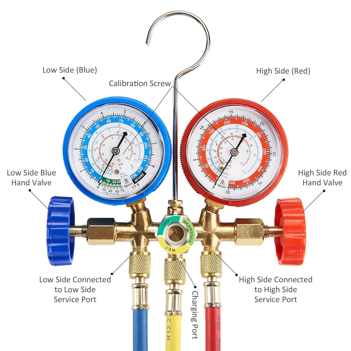 AC Diagnostic Manifold Freon Gauge Set with Couplers, Adapter for R134A R12 R22 R502 C776359