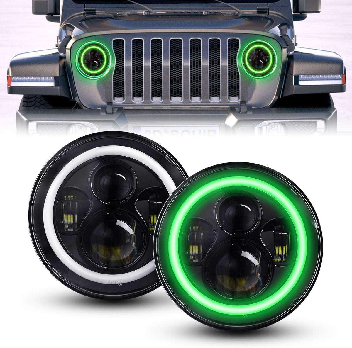 2 PCS 7 Inch Round LED Headlight High Low Beam (Green Halo) Z442