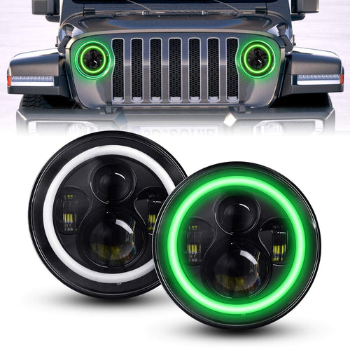 2 PCS 7 Inch Round LED Headlight High Low Beam (Green Halo) Z442