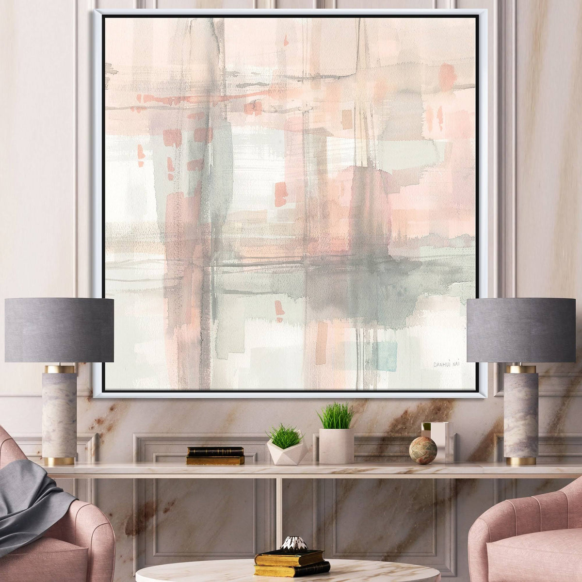 Pink Grey Modern Framed Canvas - 32 in. Wide x 16 in. High - Gold G58890