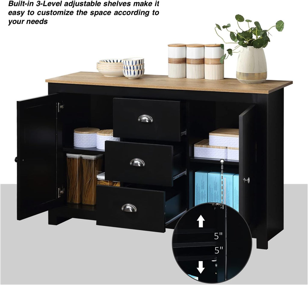 Black Kitchen Sideboard Buffet Storage Cabinet with 2 Side Cabinets 3 Drawers C970