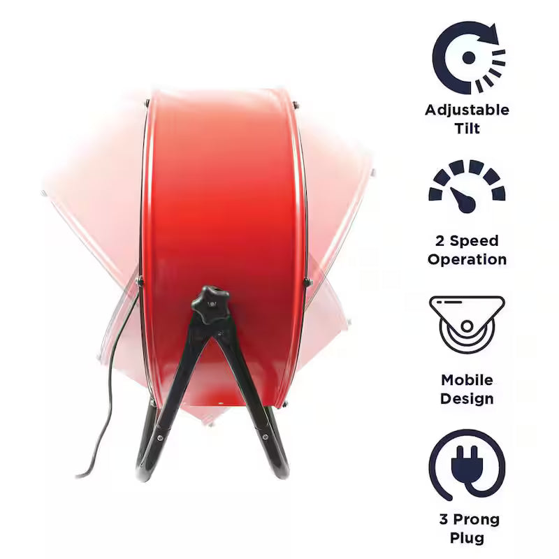 2 Fan Speeds Drum Fan in Red with Snap-On Wheels Z395