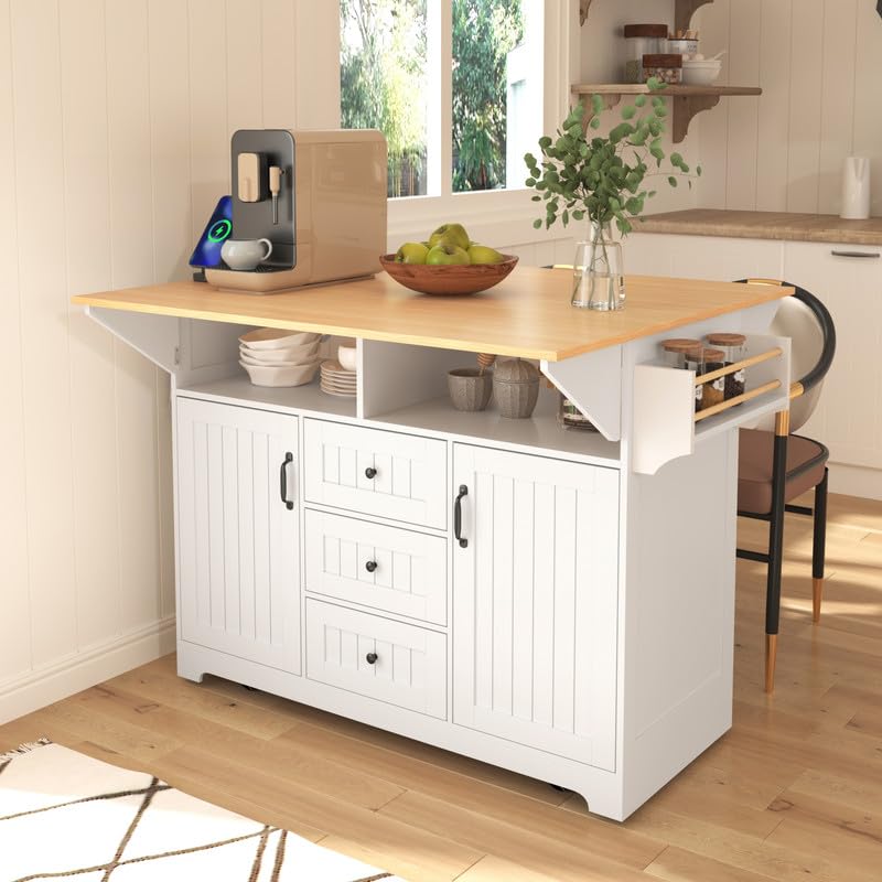 55.7'' Rolling Kitchen Island with Drop Leaf and Power Outlet Q477