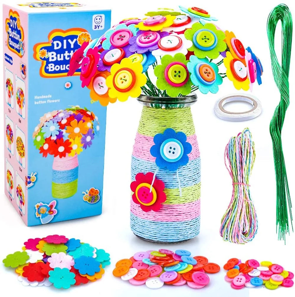 Colorful Buttons and Felt Flower Kit Vase Arts Toy Craft Project E914