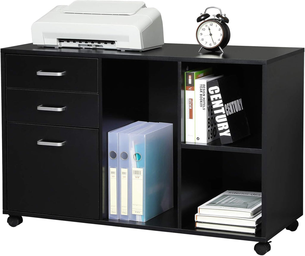 Cherry-red 3 Drawer Wood File Cabinet with Open Storage Shelves on Wheels W3468