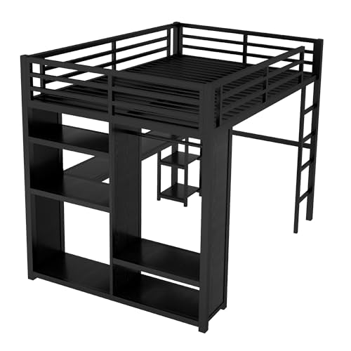 Queen Size Metal Loft Bed with Wardrobe and L-Shaped Desk Y846