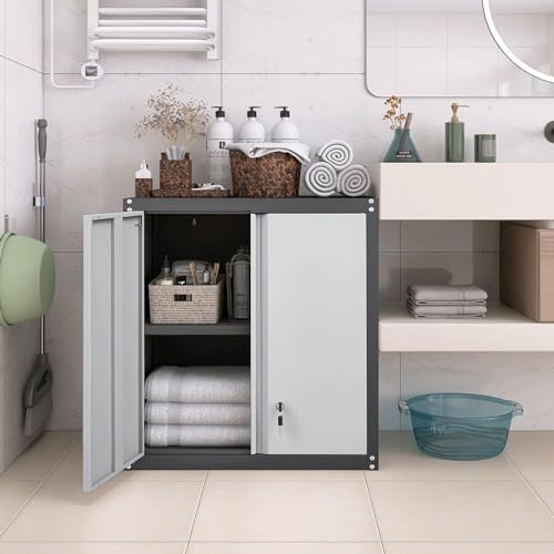 Metal Storage Cabinet with Locking Doors and Wheels, Black+Grey A83591