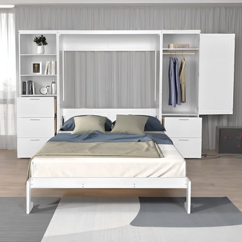 Queen White Wooden Murphy Bed with Built-in Closets, Drawers, and Shelving E1107