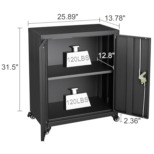Metal Storage Cabinet with Locking Doors and Wheels, Black+Grey A83591