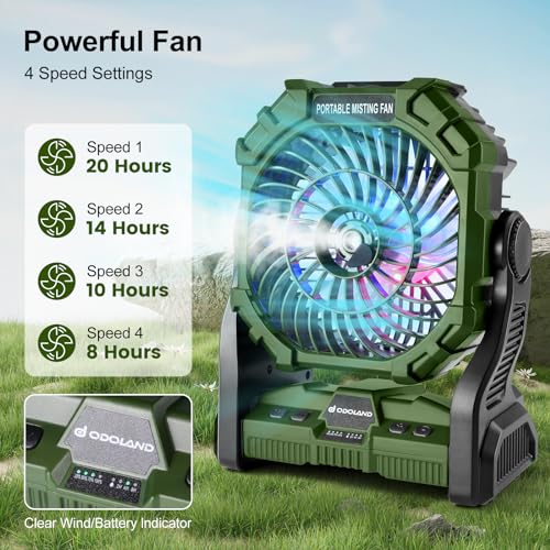 Portable Misting Fan with LED Light, 20000mAh Rechargeable with 250mL Water Tank and Hook, Orange V780
