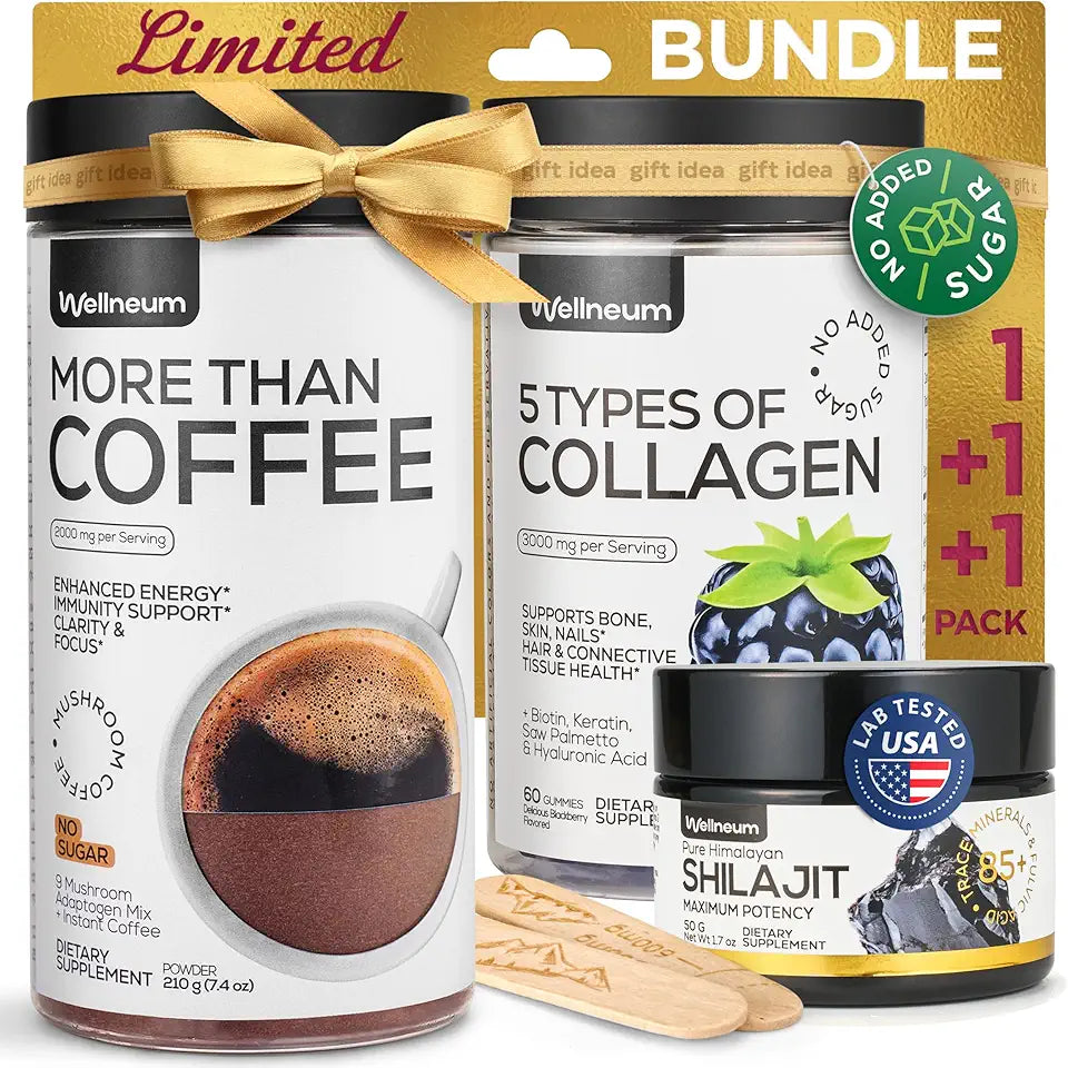 Mushroom Coffee, Shilajit Resin, Collagen Gummies Bundle Q1053