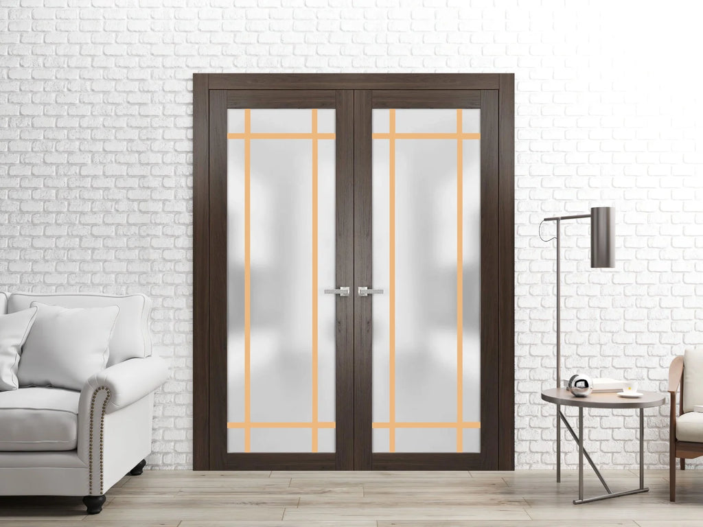 Solid French Double Doors 48 x 96 inches Wood Frosted Glass F4840