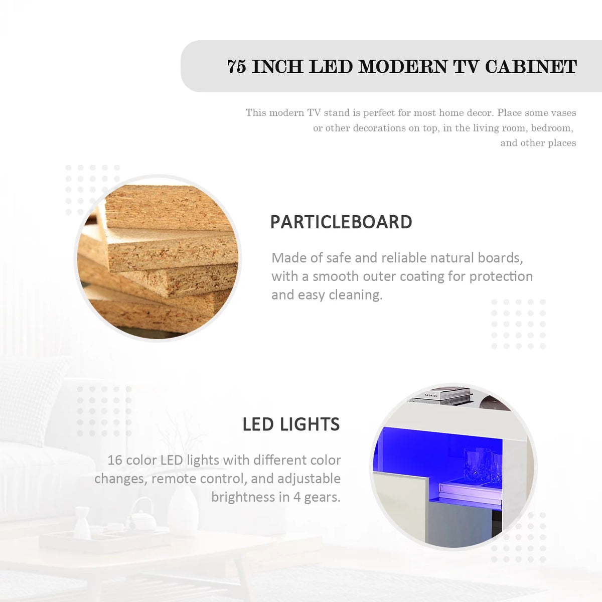 White Solid Wood TV Stand with LED Lights and Storage Drawer R5612