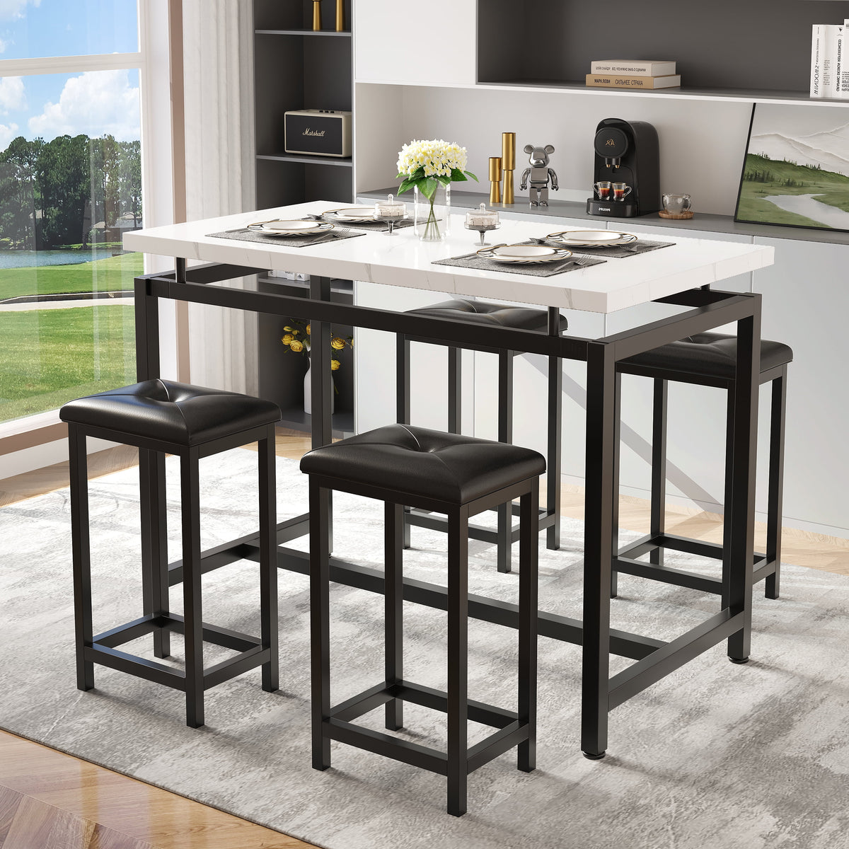5 Piece Counter Height Dining Table Set with 4 Faux Leather Stools E348