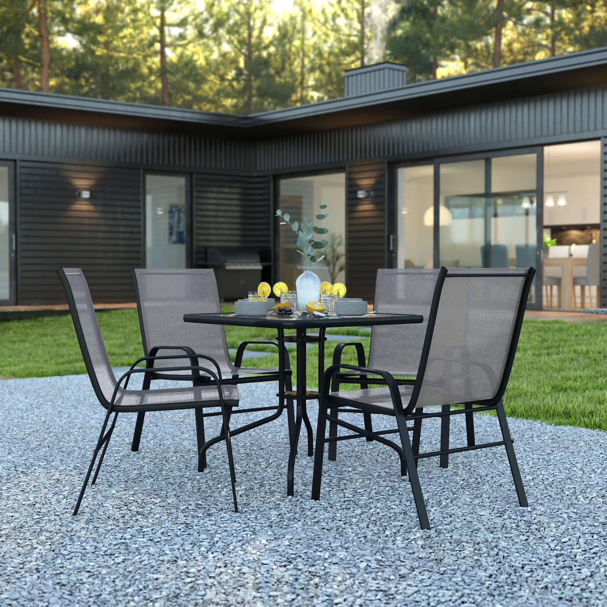 5 Piece Outdoor Patio Dining Set with Tempered Glass Table and 4 Gray Stack Chairs N83801