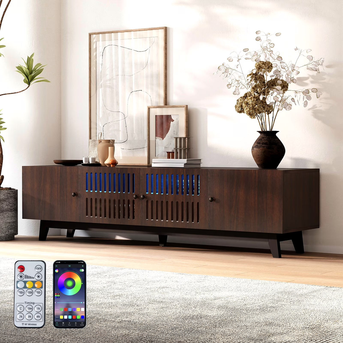 Brown 66 in TV Stand with Storage and LED Light I307