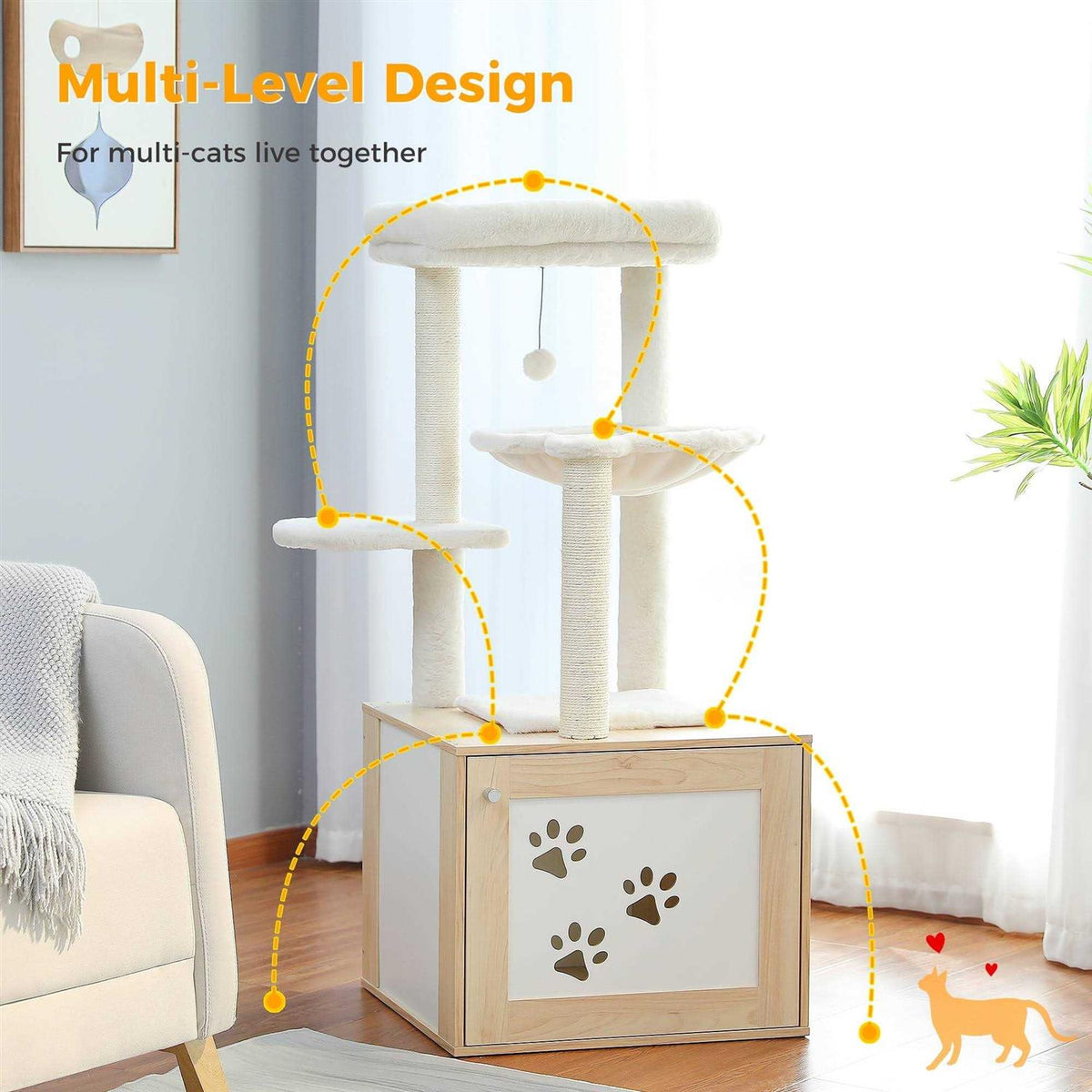 Cat Tree with Litter Box Enclosure and Scratching Posts W1322