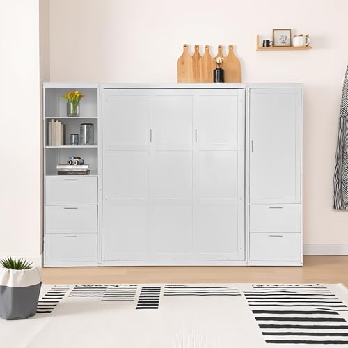 Queen White Wooden Murphy Bed with Built-in Closets, Drawers, and Shelving E1107