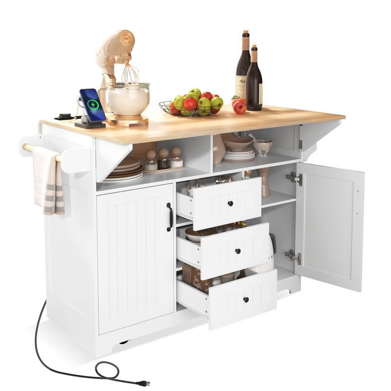 55.7'' Rolling Kitchen Island with Drop Leaf and Power Outlet Q477