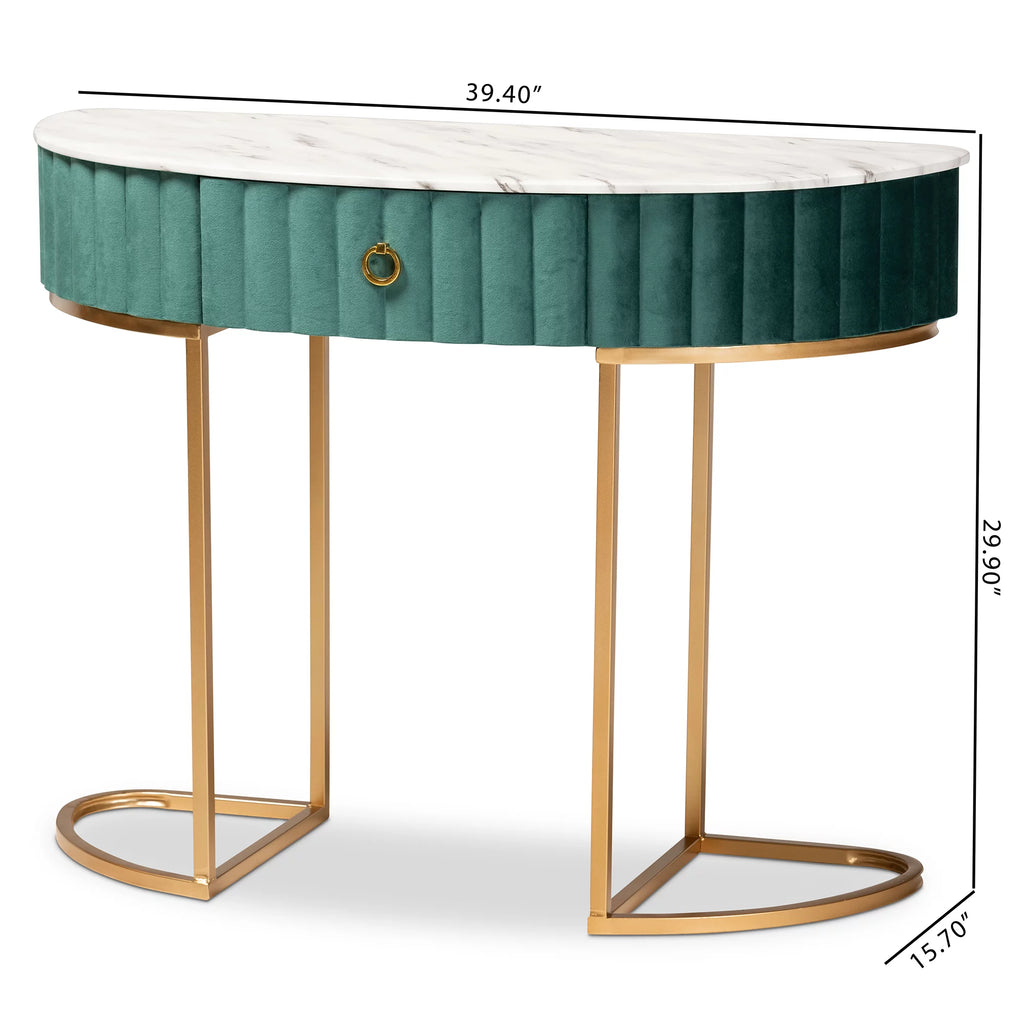Green Velvet 1-Drawer Console Table with Faux Marble Tabletop D586374