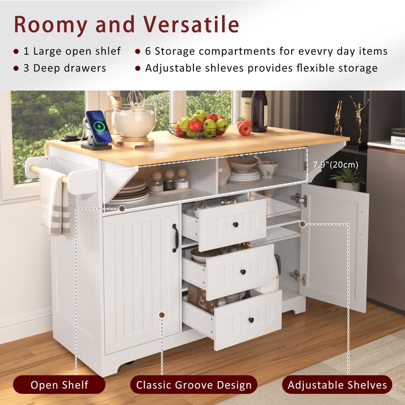 55.7'' Rolling Kitchen Island with Drop Leaf and Power Outlet Q477
