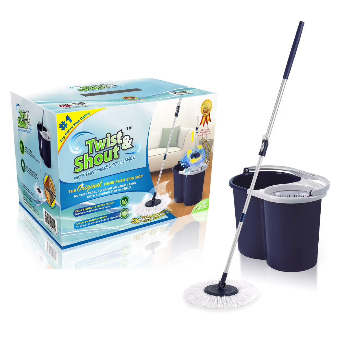 Hand Push Spin Mop with 2 Microfiber Mop Heads D58194