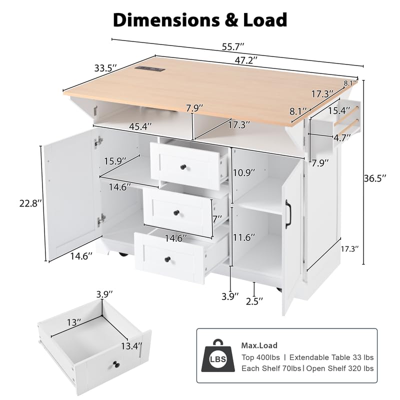 55.7'' Rolling Kitchen Island with Drop Leaf and Power Outlet Q477