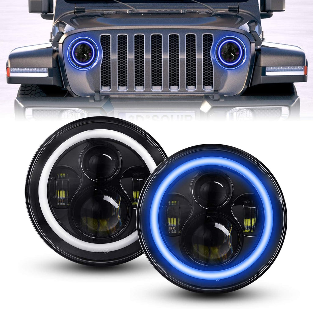 2 PCS 7 Inch Round LED Headlight High Low Beam (Green Halo) Z442